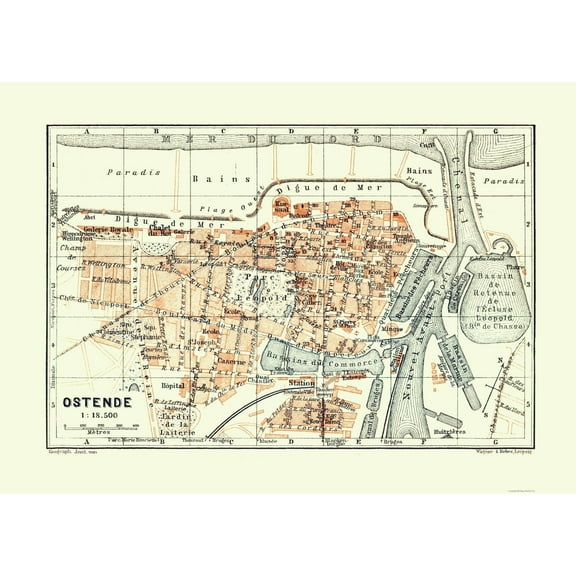 Historic Map - Ostend Belgium - Baedeker 1910 - 32.21 x 23 - Vintage Wall Art