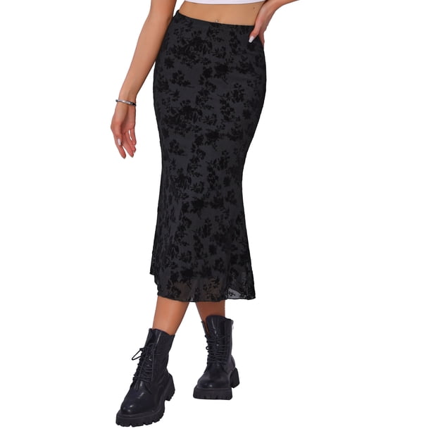 Falda Floral INSPIRE CHIC para Mujer, Falda Midi Elegante de Malla con Cintura Alta para Otoño Invierno, Talla S, Negro