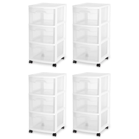 Sterilite 3 Drawer Rolling Wheels Home Organizer Storage Cart (4 Pack)