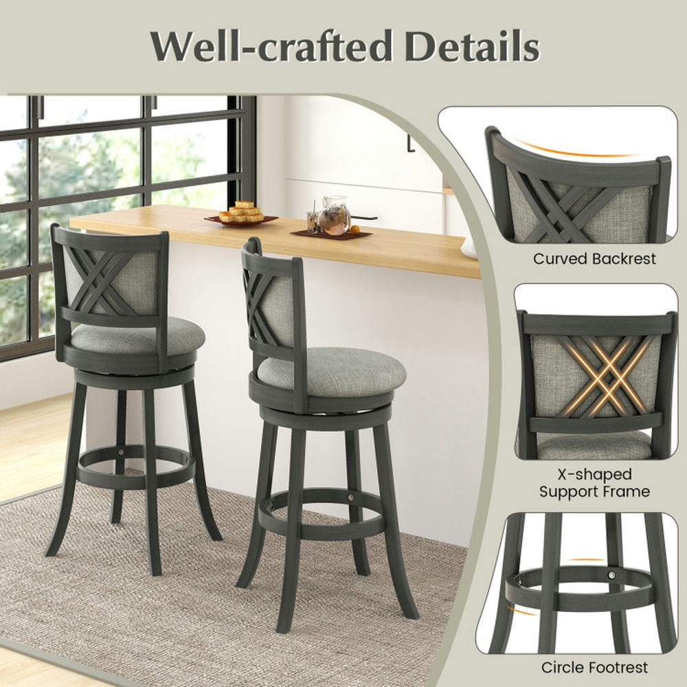 Demi Bonn Set of 2 Swivel Bar Stools with Soft-padded Back and Seat, Modern Kitchen Dining Chair, Gray-L