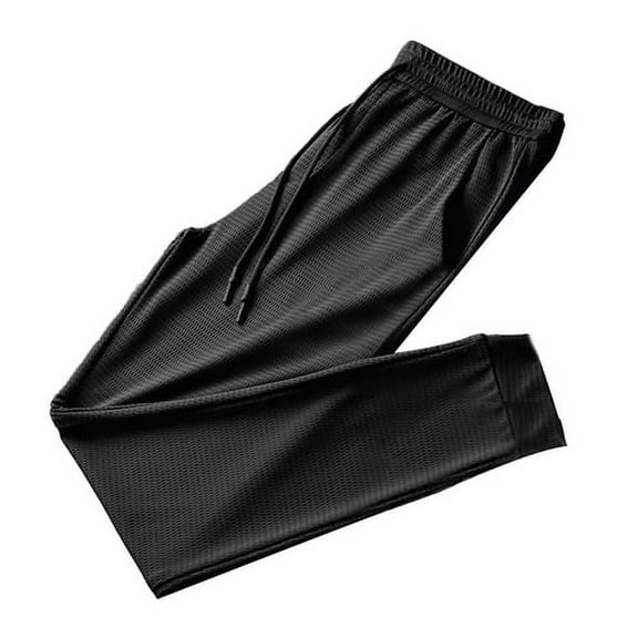Skymirror Men Pants Ice Silk Mesh Feather Print Drawstring Summer Quick Dry Pockets Sports Pants for Daily Wear