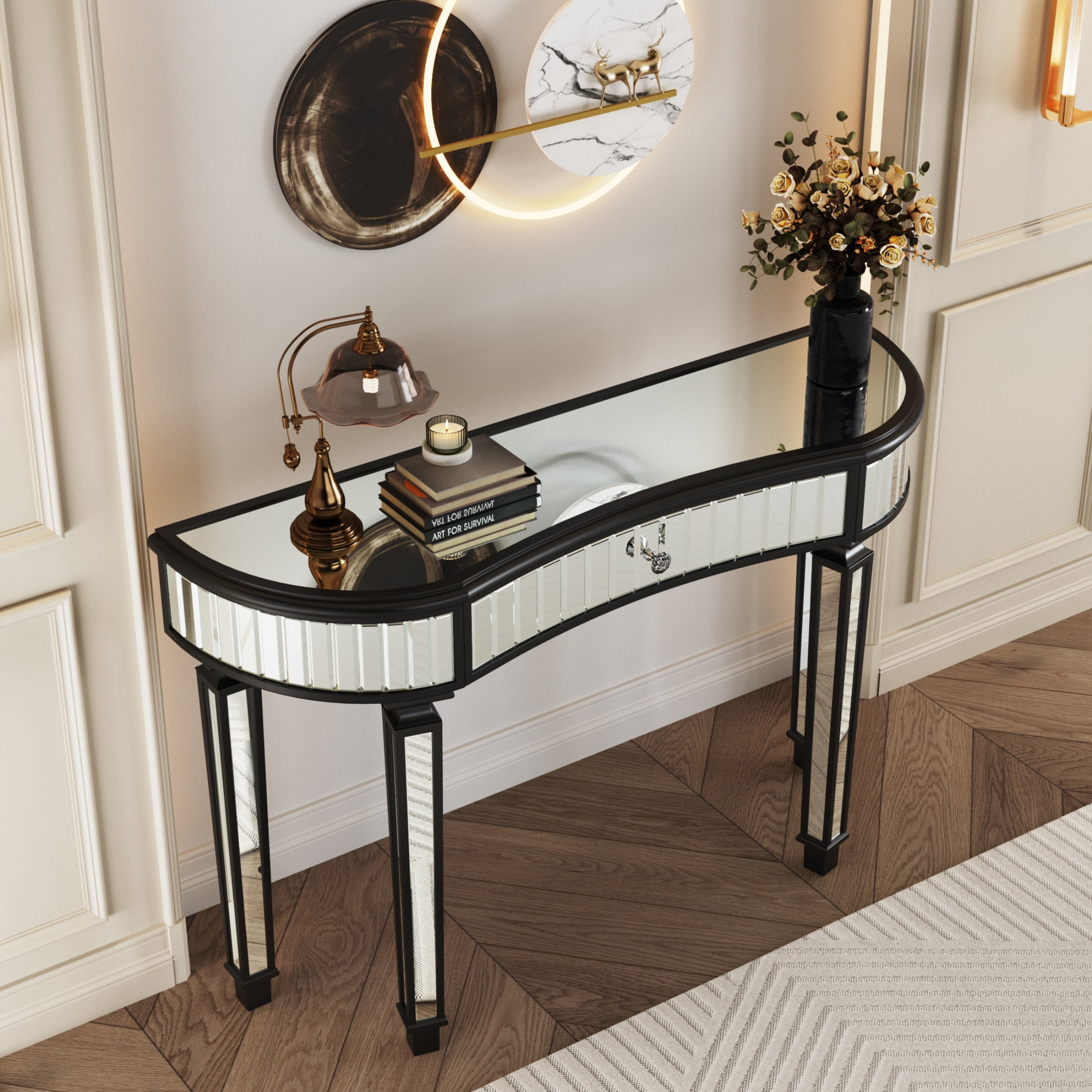 Atumcto 47" Black Mirrored Console Table with Drawer, Modern Glam Entryway Table for Hallway, Narrow Sofa Table for Living Room