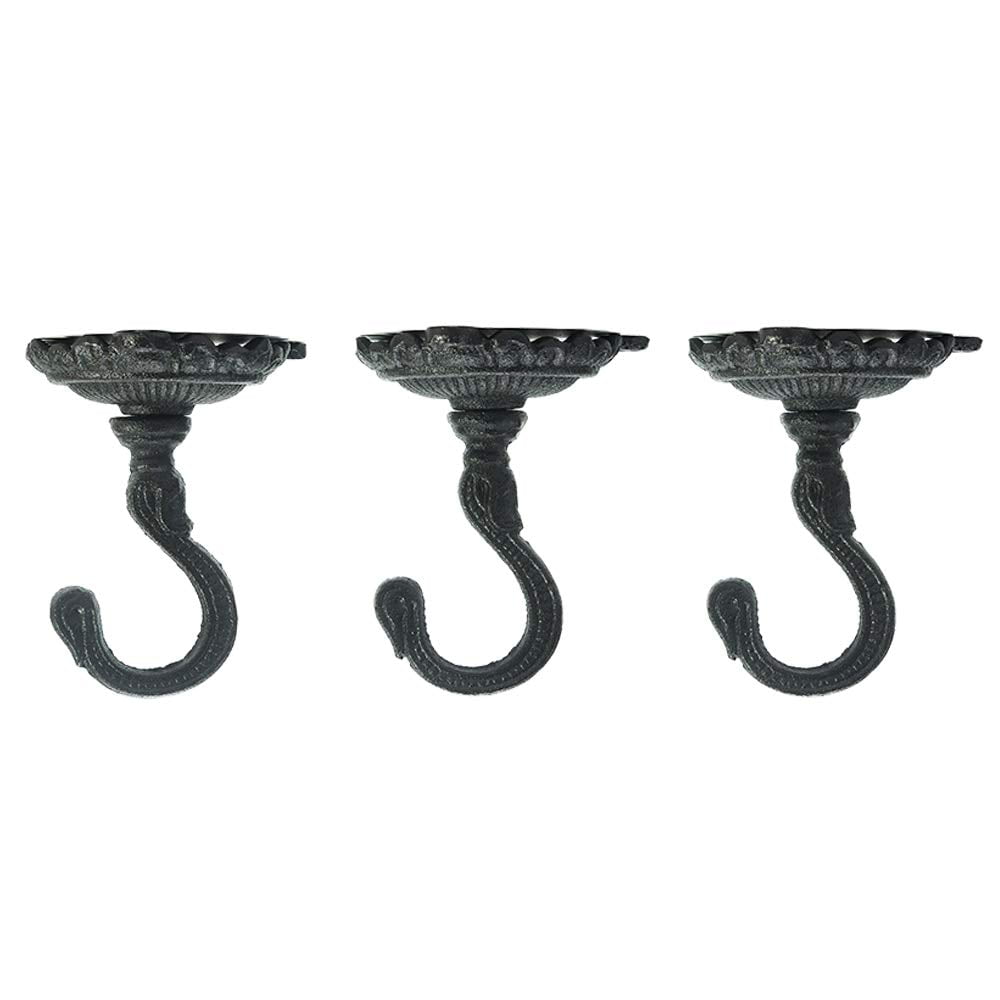 Sungmor Ceiling Hooks for Hanging Plants, 3PC Black Cast Iron Ceiling Hooks, Antique Decorative Ceiling Swag Hooks for Hanging Planter Chandelier Wind Chime Lantern Hanger