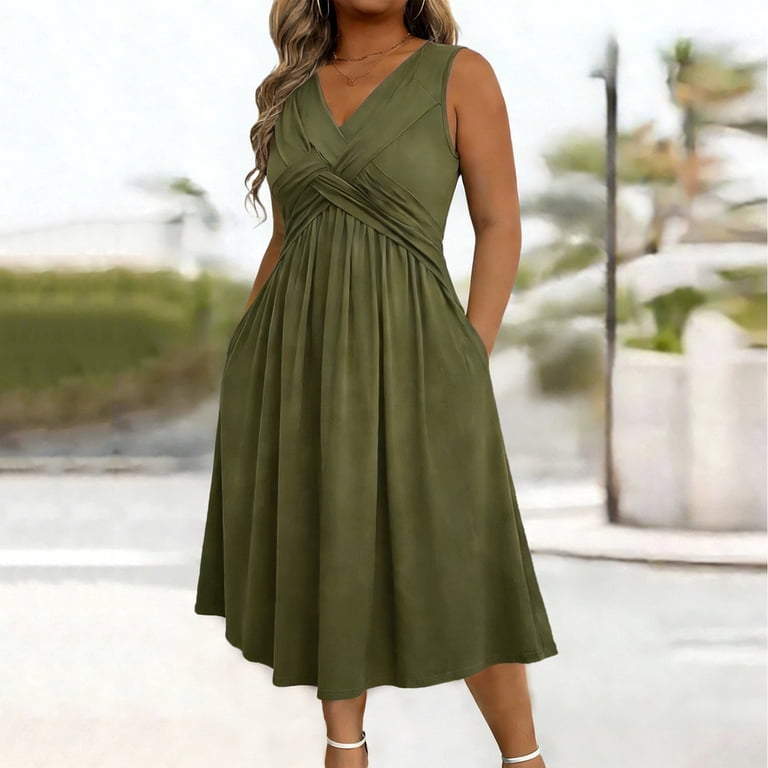 Alllist Dresses for Women Sleeveless V-Neck Petal Green Long Faux-Wrap Dresses Modern With Pocket Solid Regular Dresses Army Green,Xxl, Women's, Size