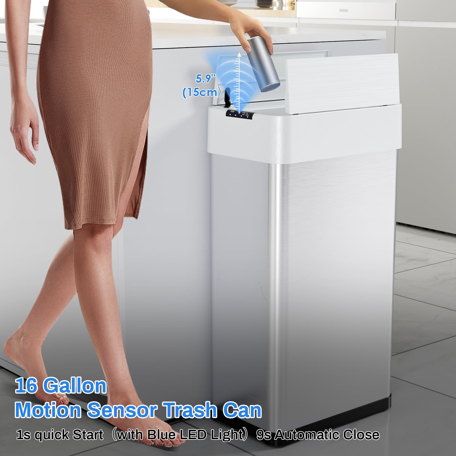 Arlopu 16 Gallon Automatic Trash Can Stainless Steel Garbage Can with No Touch Motion Sensor Butterfly Lid