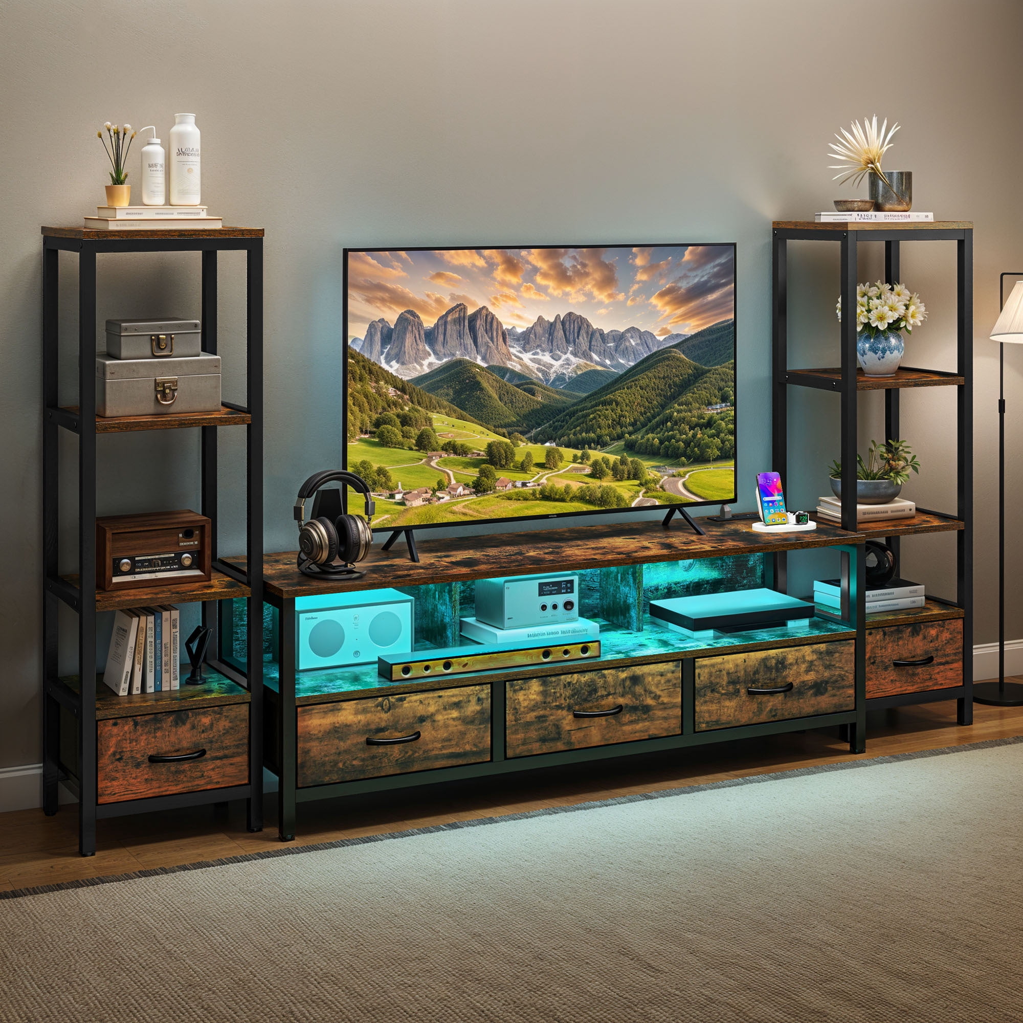 Uforic Modern Rustic Wood Metal Frame TV Stand with Remote Control LED Lights, USB Ports, Multi-Layer Storage Shelves & Fabric Drawers for Home Living Room, Rustic Brown