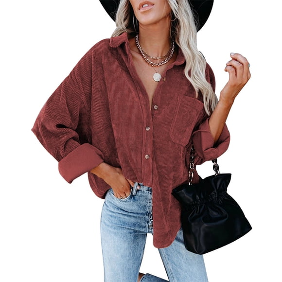 Sonducket Camisa de mujer Casual Botón Top Blusa de pana Blusa Abrigo de otoño Prendas para la parte del cuerpo Vino rojo M