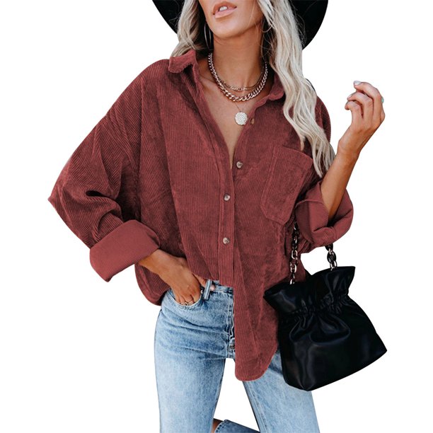 Sonducket Camisa de mujer Casual Botón Top Blusa de pana Blusa Abrigo de otoño Prendas para la parte del cuerpo Vino rojo XXL
