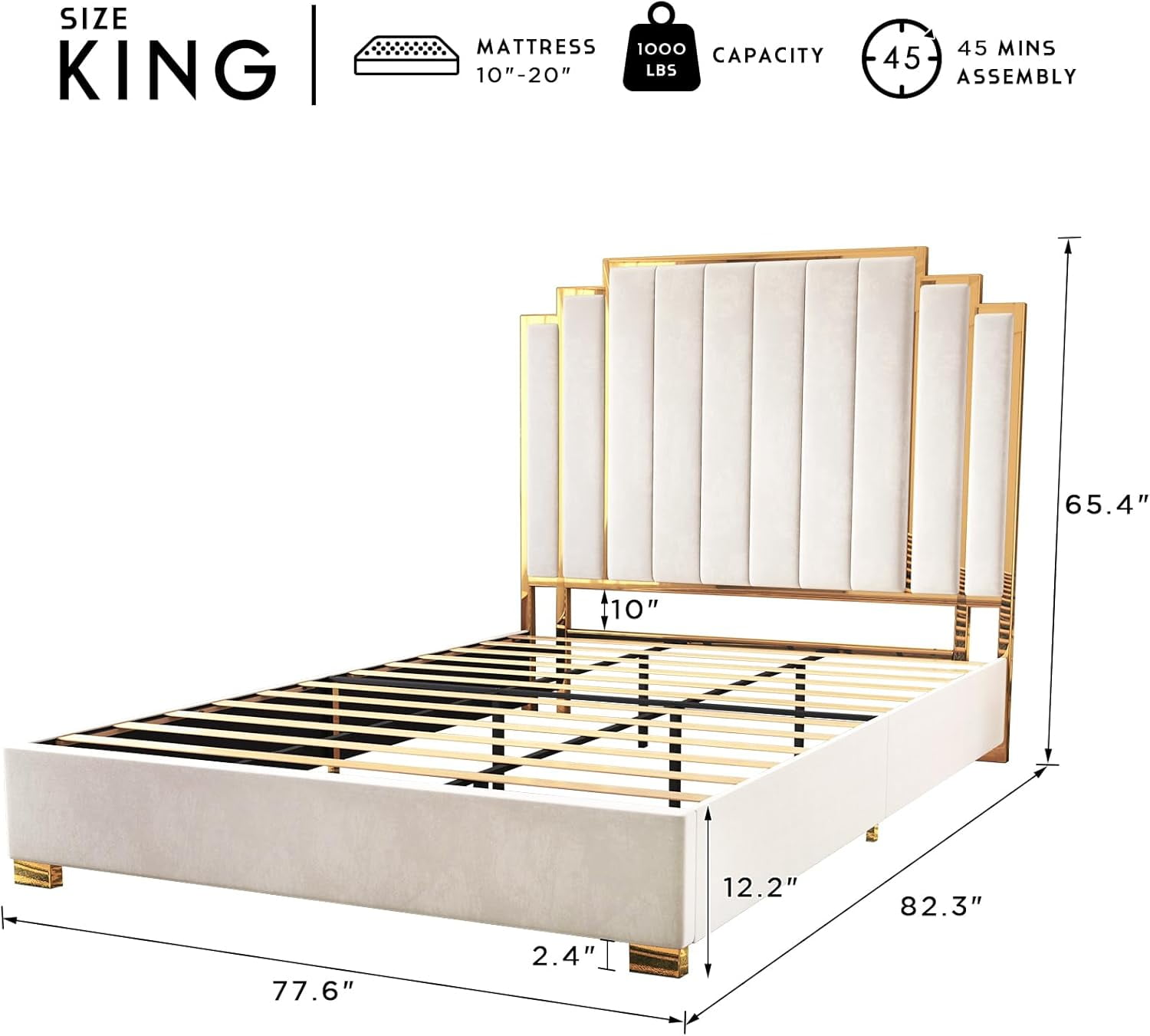 PLAUIN Upholstered King Bed Frame with 61" Headboard, Golden Plating Trim, Cream