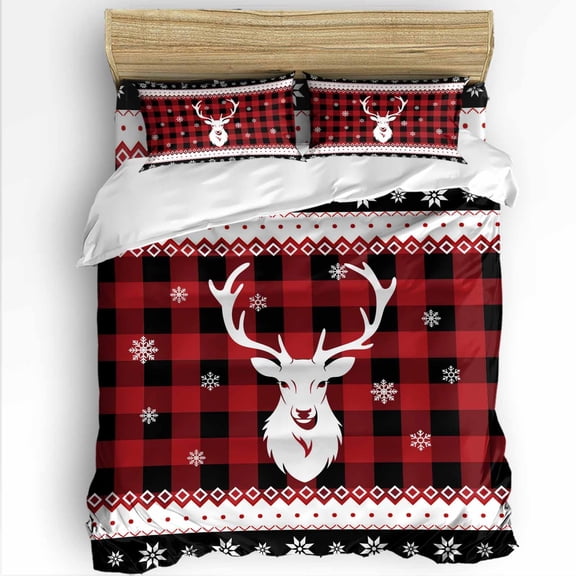Christmas Elk Head King Size Comforter Set, Winter Red Black Plaid Snowflakes Vintage Bedding for All Seasons, 4 Pcs Bed Set with 1Comforter (90"x106") ,1 Sheet(94"x116"), 2 Pillowcases (19"x35")