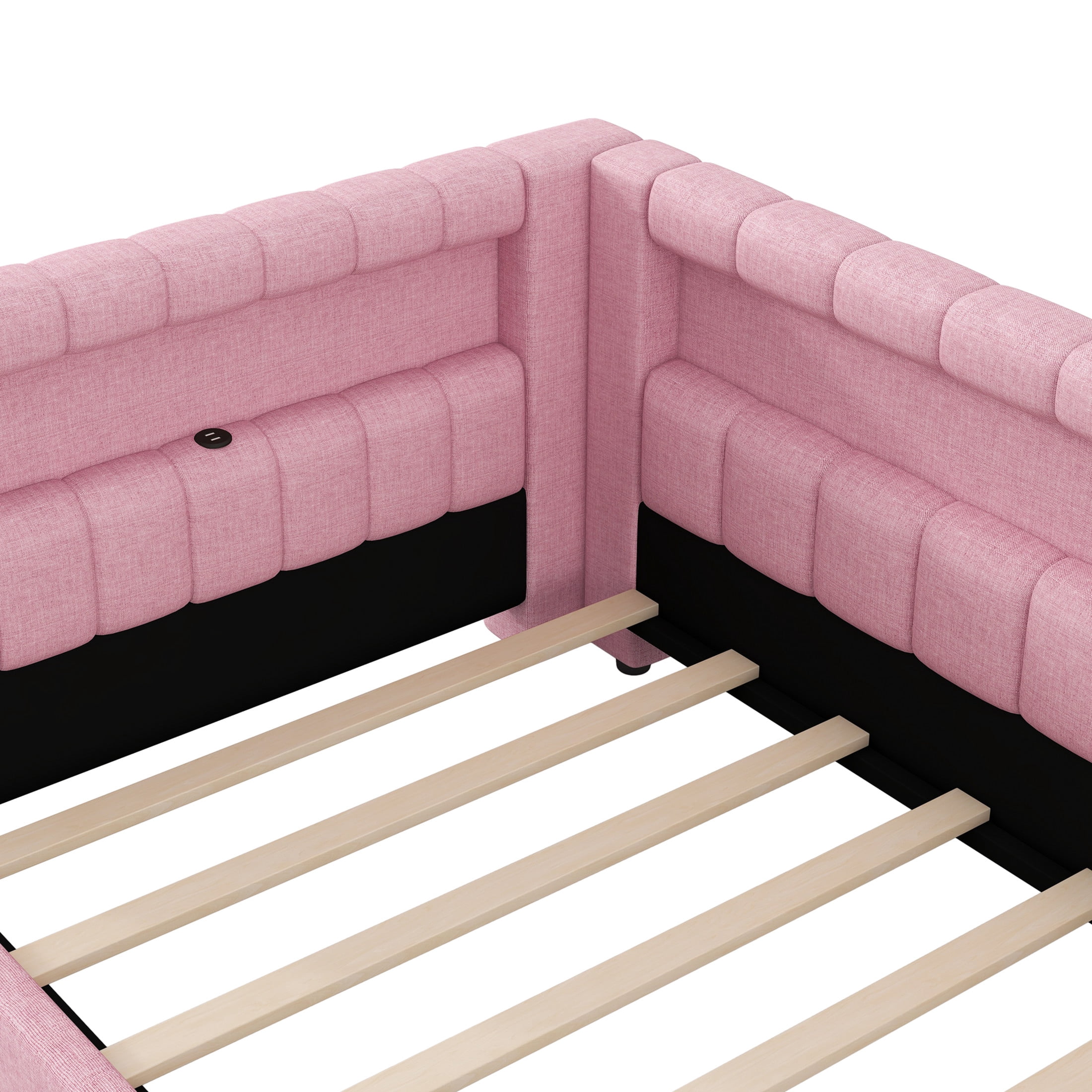 Noble House Dexter Twin XL Linen Upholstered Platform Bed with LED Light Belt and USB Ports, Wood Frame, Pink