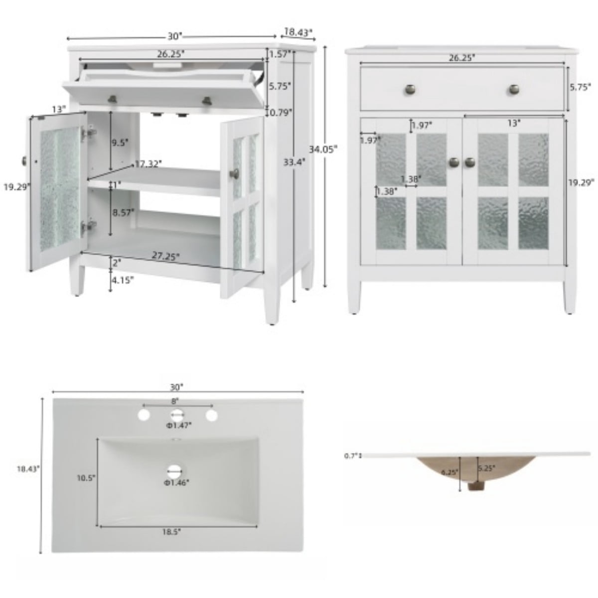 30" Bathroom Vanity with Ceramic Sink, Freestanding Bathroom Vanity Cabinet with Adjustable Shelf, Tip-Out Tray, Soft Close Hinges, Solid Wood Legs, White