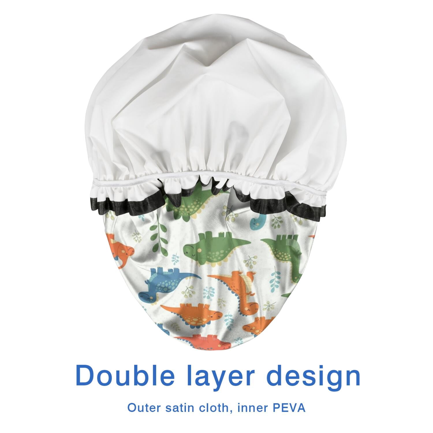 Shower Caps,White Cartoon Cute Dinosaurs Pattern Waterproof Shower Cap for Women 4 Pieces,Double Reusable Hair Cover for Shower PEVA Elastic Stretch Hem
