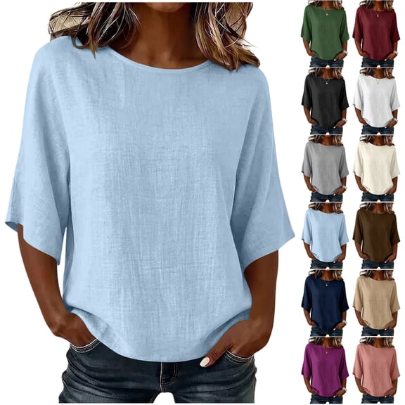 Otntypg Linen Gauze Shirts for Women Lightweight Casual Summer 3/4 Length Sleeve Crew Neck Basic Solid Color Tunic Blouse Loose Oversized Baggy Tshirt Tops