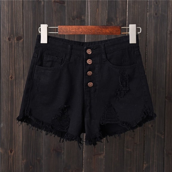 ZHOGXU Women's Summer Denim Shorts With Pocket Solid Color High Waist Ripped Frayed Raw Hem Buttons Wide Leg Shorts For Outdoor Activities,Black,L