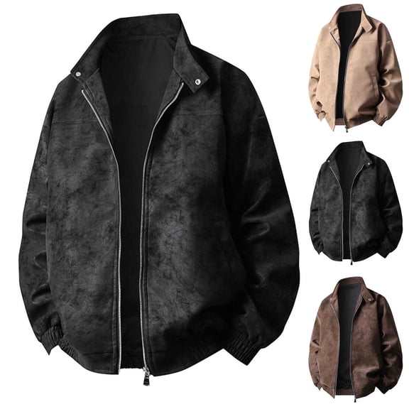 Agkizg Men's Fall Winter Jackets, Vintage Solid Leather Jacket Windproof Lapel Full Zip Long Sleeve Casual Fashion Outerwear with Pockets
