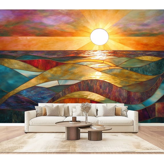 Wallpaper Illuminated Stained Glass Sunset Sea Scene Peel and Stick Wall Murals 100"H x 144"W Removable PVC Wall Paper Self-Adhesive Wall Paintings Art Decor for Bedroom Living Room