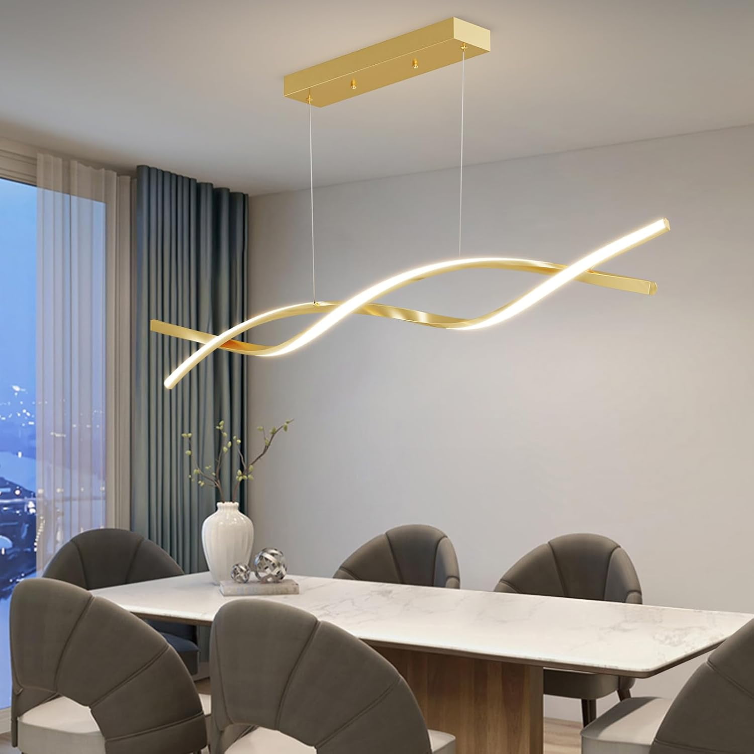 47inch Modern Gold Wave Pendant Light Fixtures Hanging Modern Ceiling Chandelier with Remote Control 3000k-6500K Adjustable Color Temperature