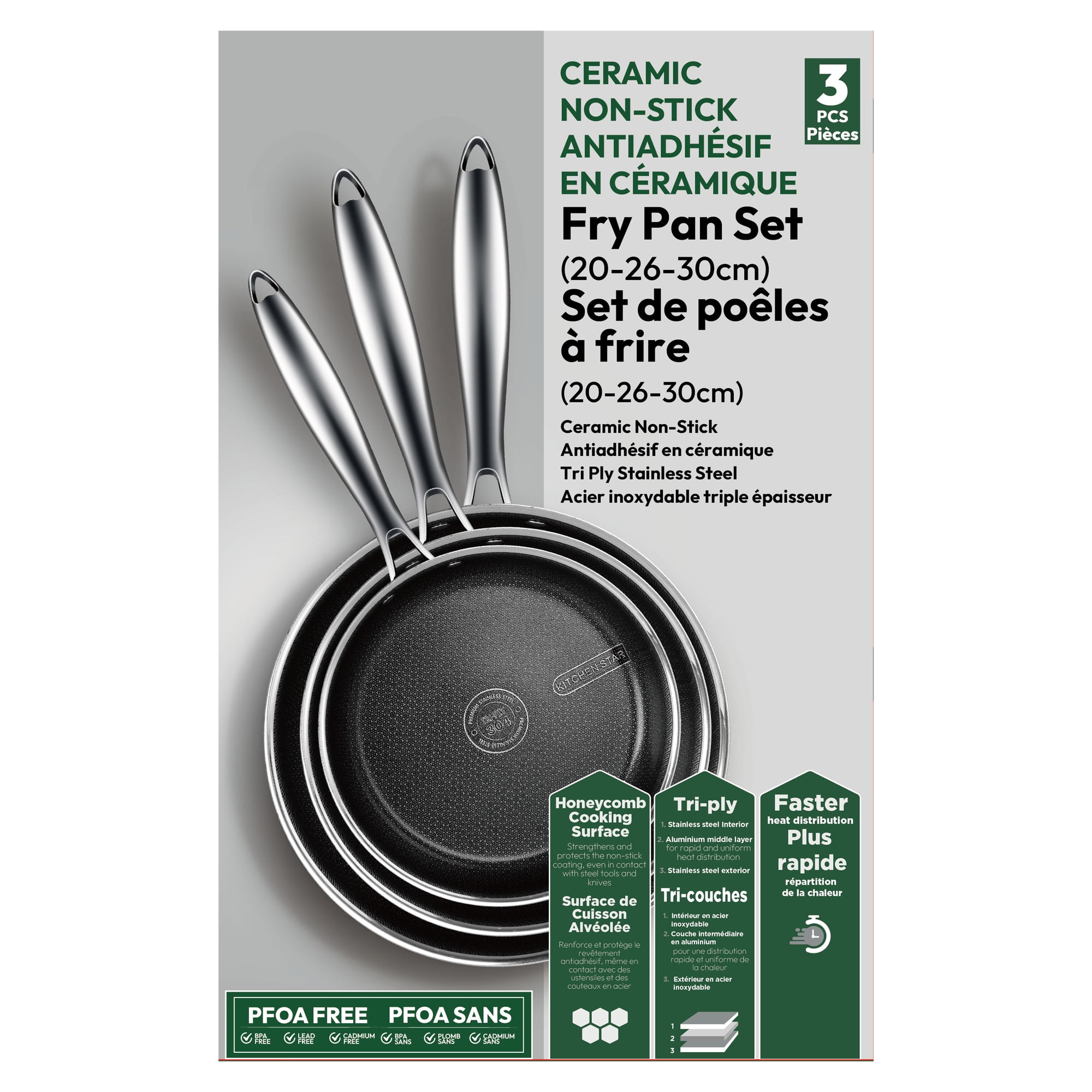 Cuisine Star Cladtec Series Poêle à frire, ensemble de 3 pièces, 20-26-30 cm