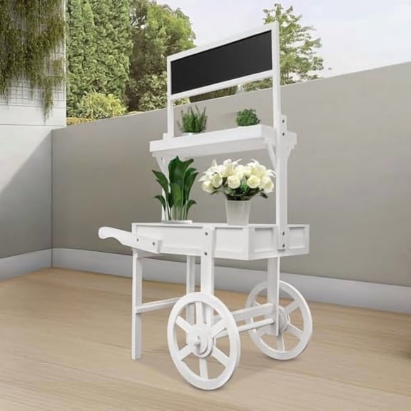 2-Tier Plant Display Stand with Chalkboard and Wheels, 49inch Tall Flower Cart Display Stand for Display Various Flowers, Potted Plants, Made of Fir Wood, White