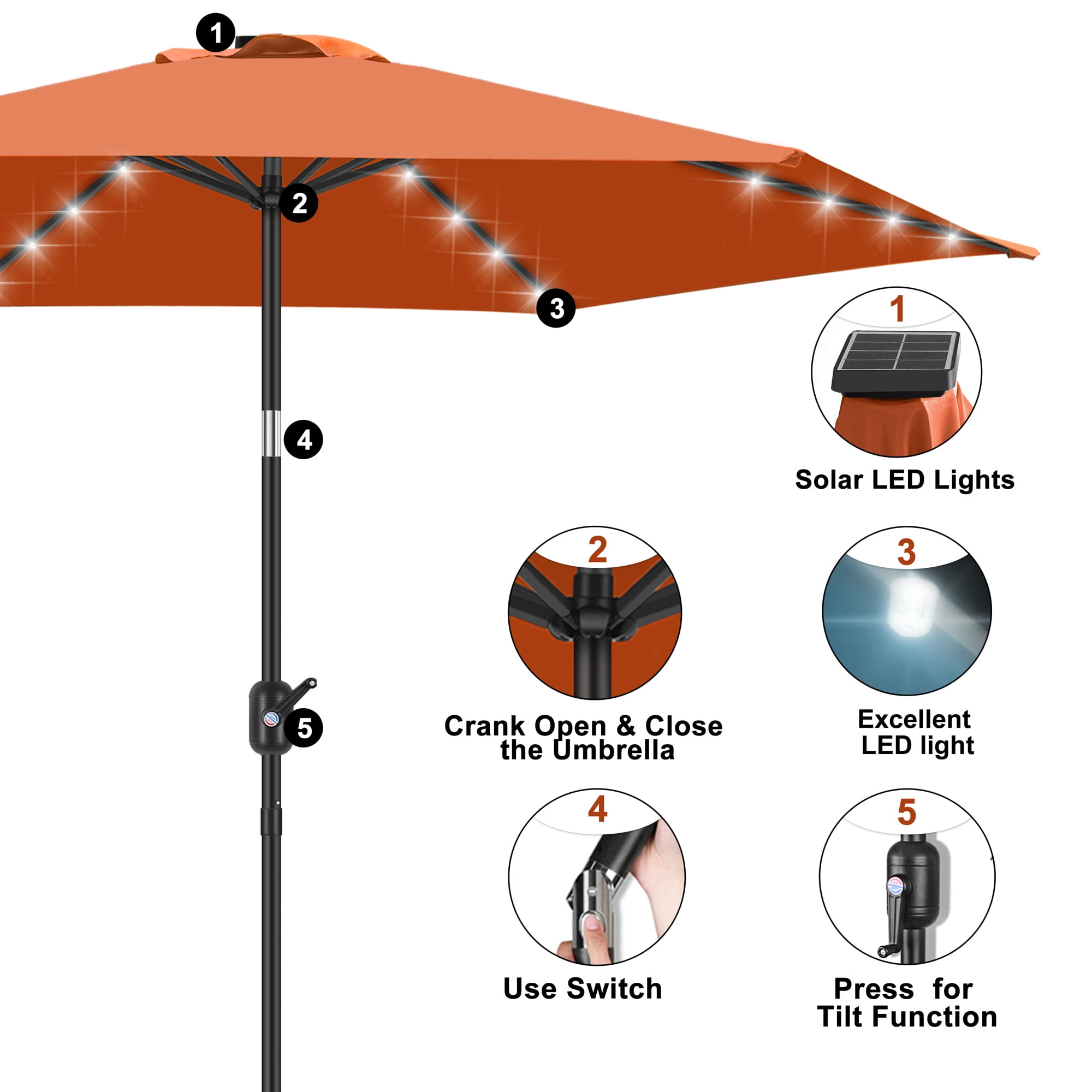 Scafild | 7.5 Ft Solar LED Light Patio Umbrella Outdoor W/ Easy Tilt - Coral Red