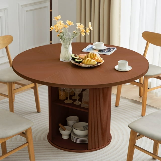 Wirrytor Table de Salle à Manger Ronde de 47 Pouces, avec Rangement, Table Ronde Moderne pour 4, Table de Cuisine avec Étagères de Rangement à 2 Niveaux, Table de Salle à Manger Ronde (Noyer)