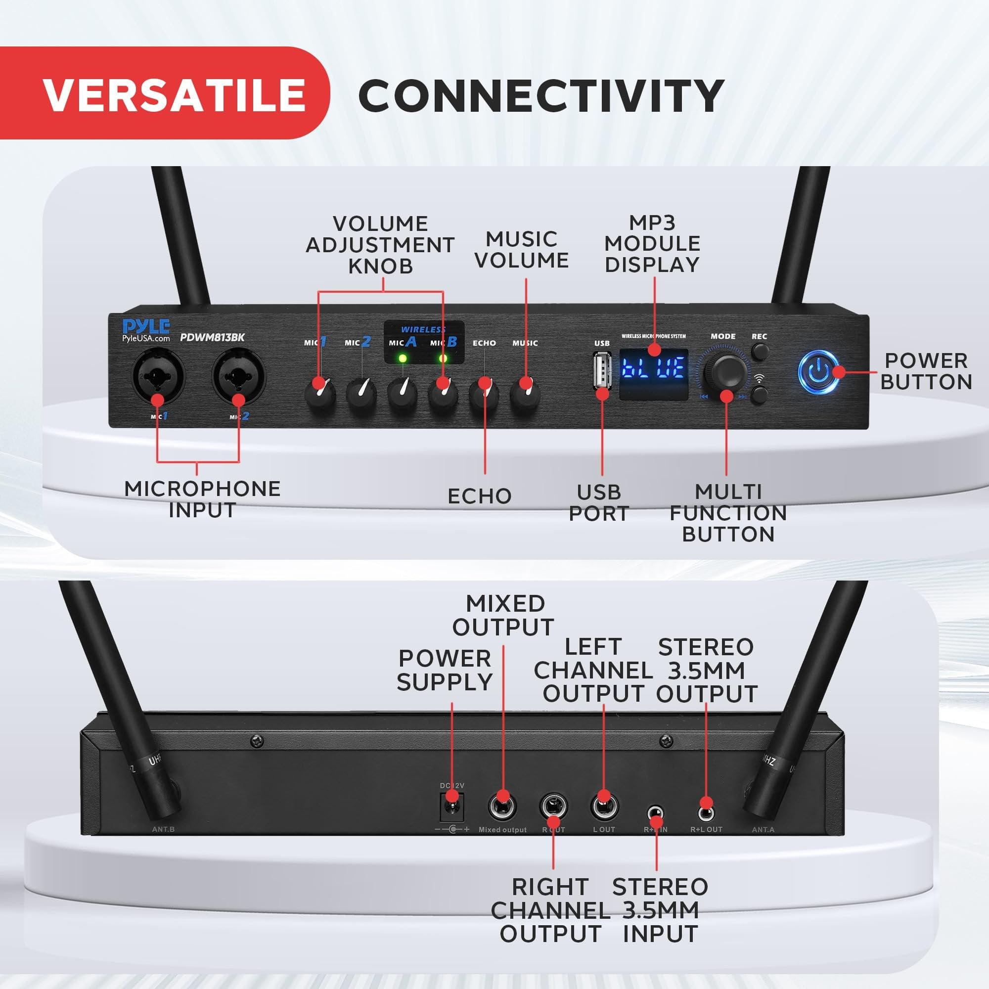 Pyle UHF Wireless Microphone System - Portable Digital Audio Sound Mixer Receiver w/ Bluetooth, 2 Handheld Mic, Receiver Base, Addressable Frequency, Great For Home Karaoke & Professional Use, Black