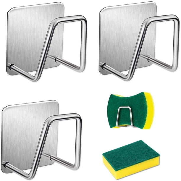 Soporte de esponja de 3 piezas, soporte de esponja de cocina, soporte de esponja autoadhesivo, soporte de esponja adhesivo para fregadero de cocina de secado rápido Soporte de esponja de acero inoxidable impermeable para accesorios de cocina