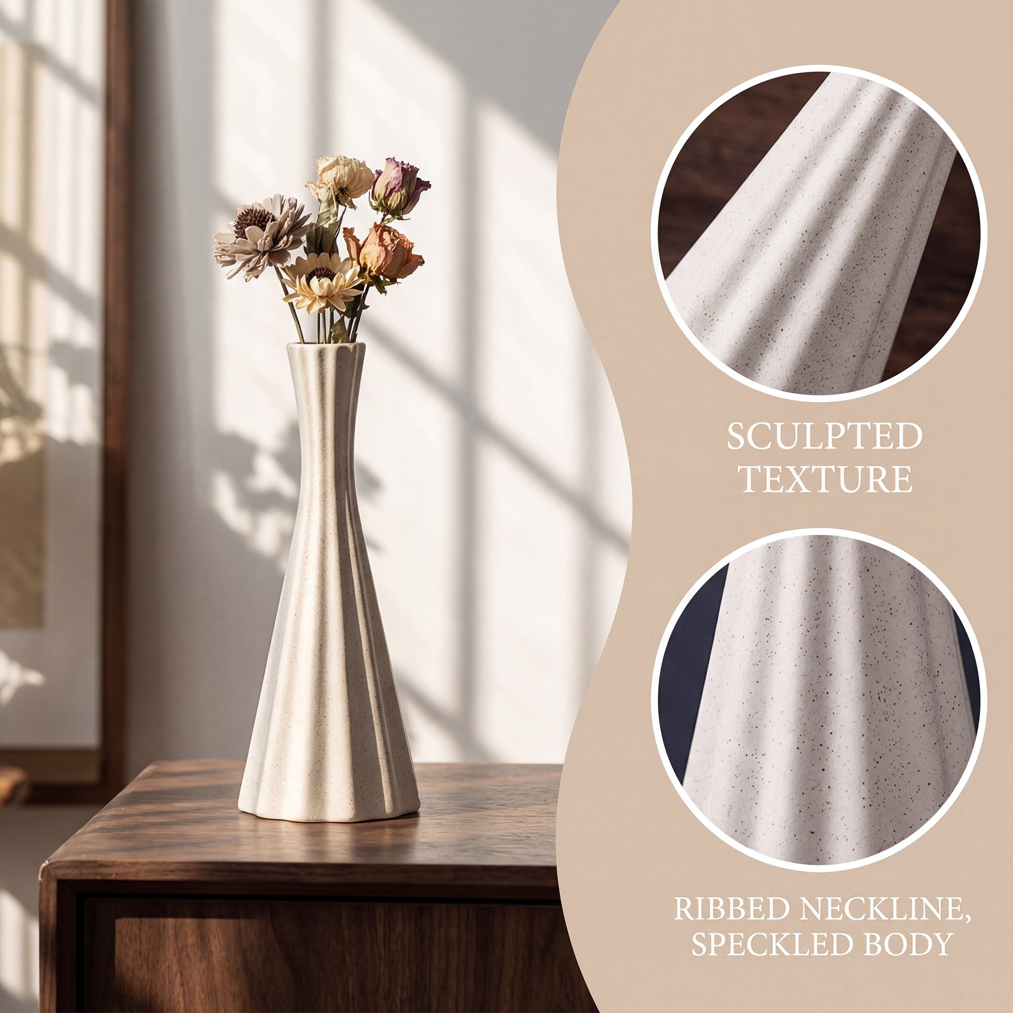 Unique Bargains Ceramic Vase for Home Decor Tall Matte Flower Vase Ribbed Textured Beige