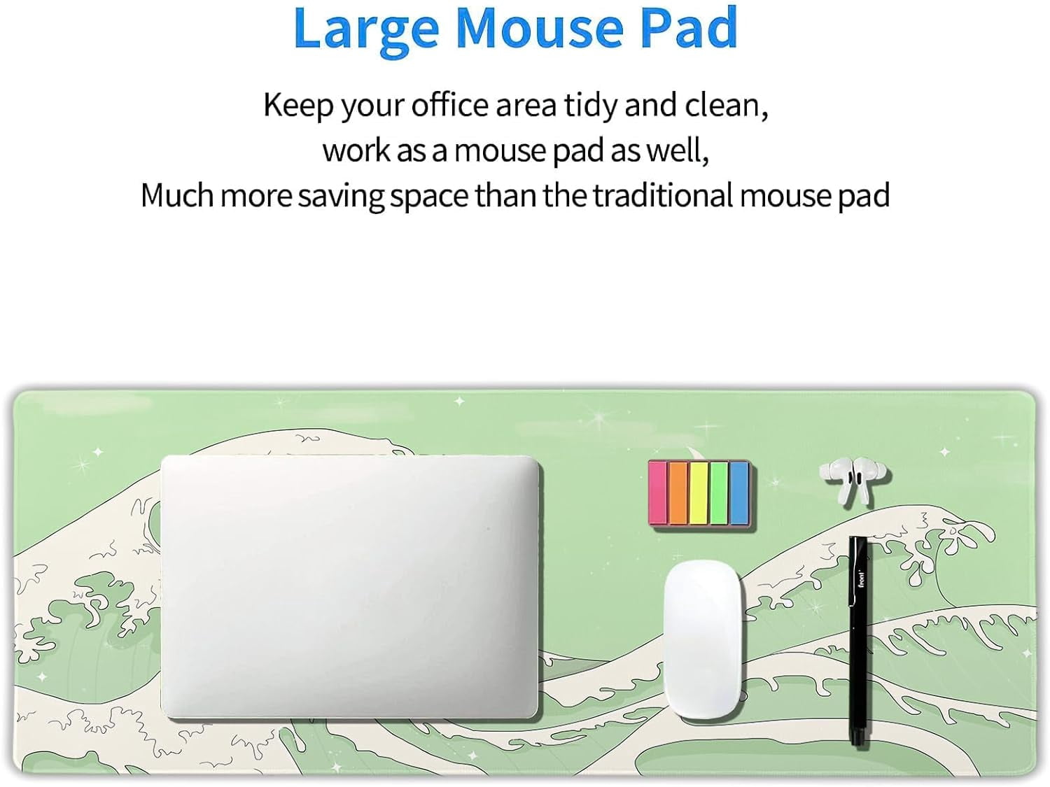 Matcha Green White Japanese Anime Gaming Mouse Pad XL Kawaii Sage Aesthetic Wave Extended Large Desk Mat Non-Slip Rubber Base Stitched Edge Keyboard Mousepad for PC Office Laptop,31.5×11.8 in