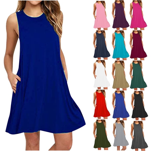 Women’s Sleeveless Summer Dress Casual Loose Fit Swing Tank Dress with Pockets, Solid Color Crew Neck A-Line Flowy Knee Length Vacation Beach Daily Wear