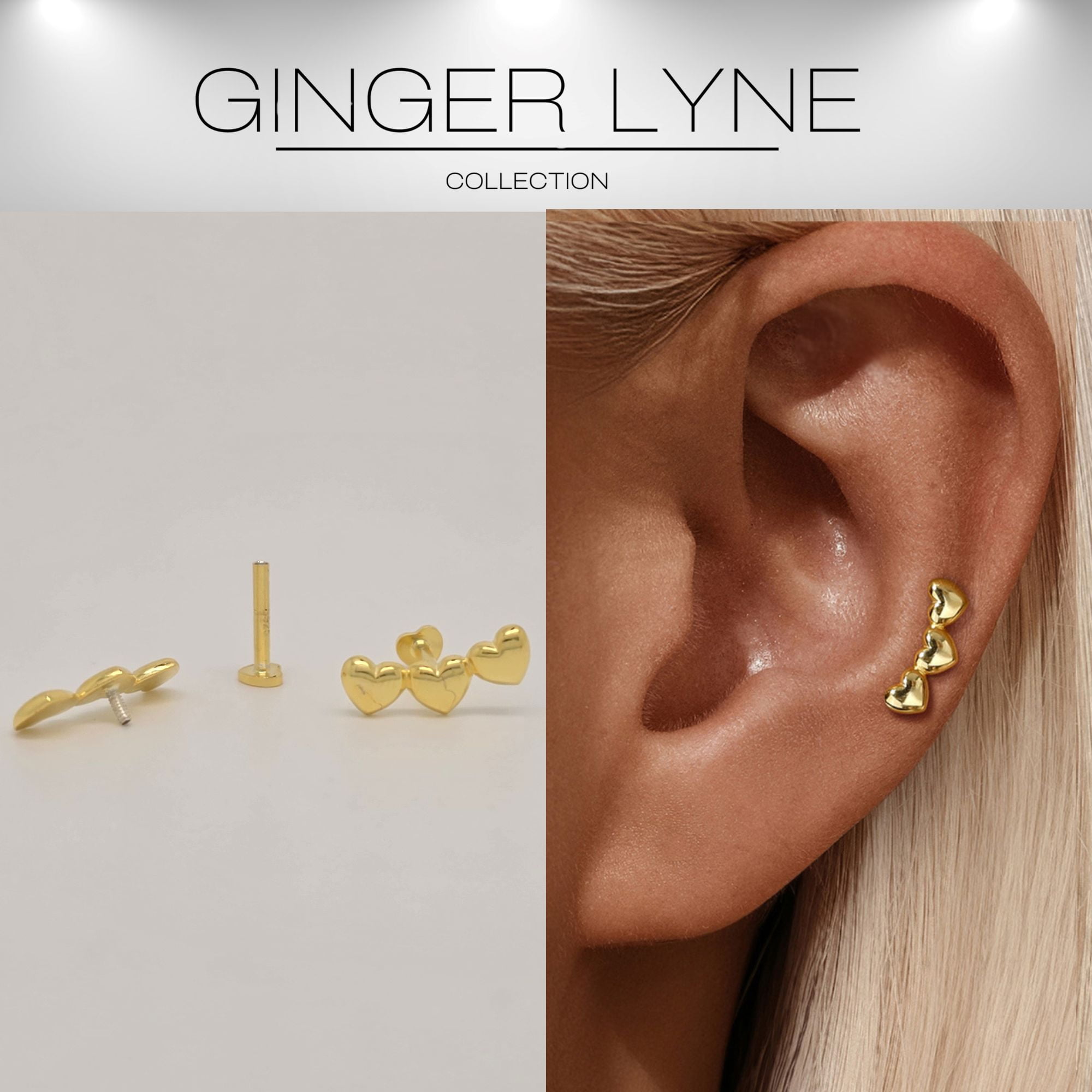 Heart Crawler Flat Back Earrings for Cartilage Helix Tragus Lobe Gold over Sterling Silver Studs Pair by Ginger Lyne