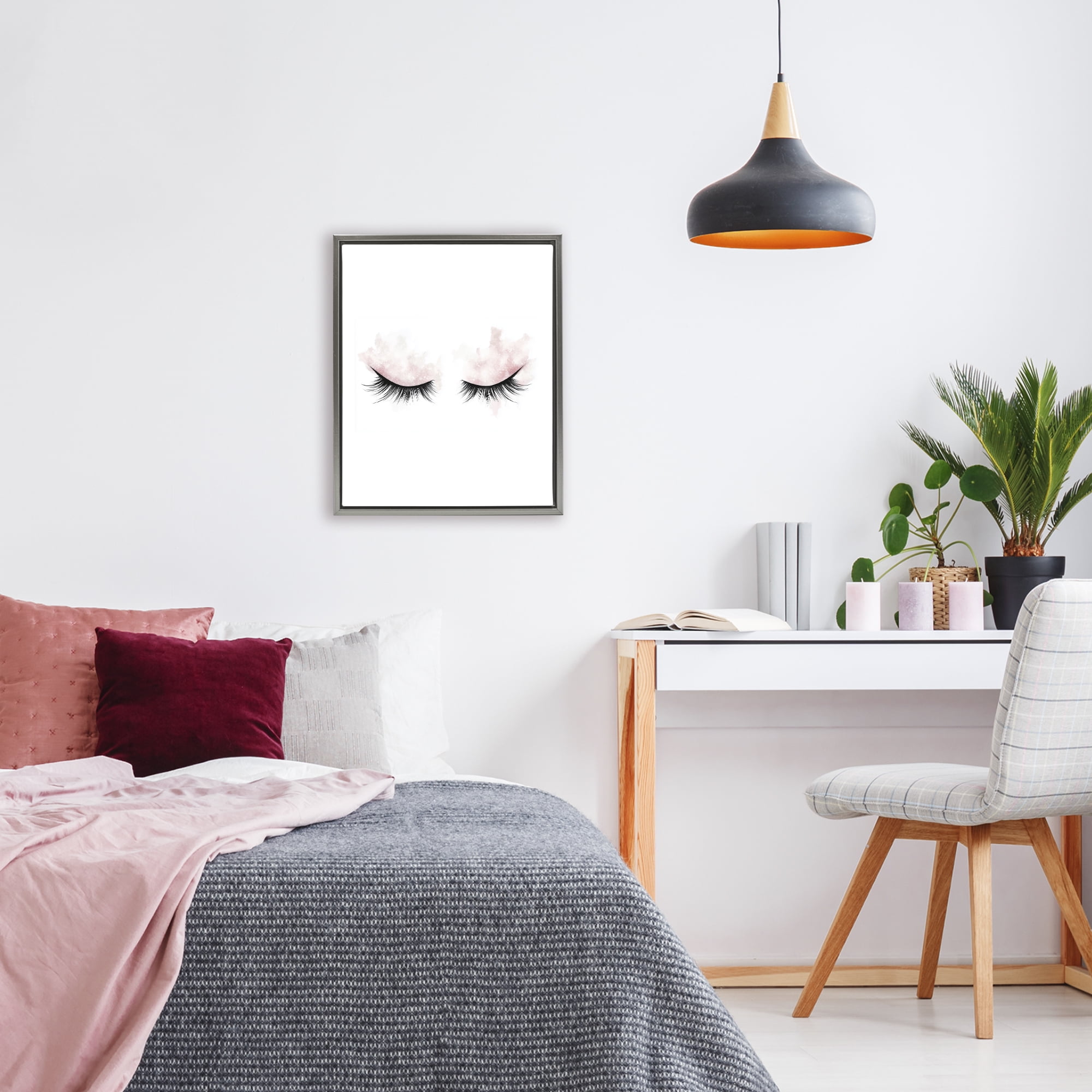 Pastel Pink Makeup & Lashes Gray Framed Floater Canvas Wall Art, design by Christine Simpson Art