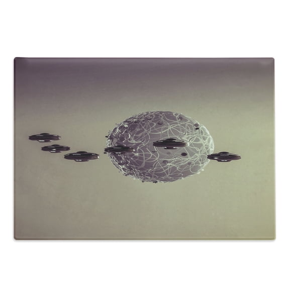 Galaxy Cutting Board, Small Planet Under Ufo Death Star Fictional Outer Space Themed Pattern, Decorative Tempered Glass Cutting and Serving Board, Large Size, Brown Grey, by Ambesonne