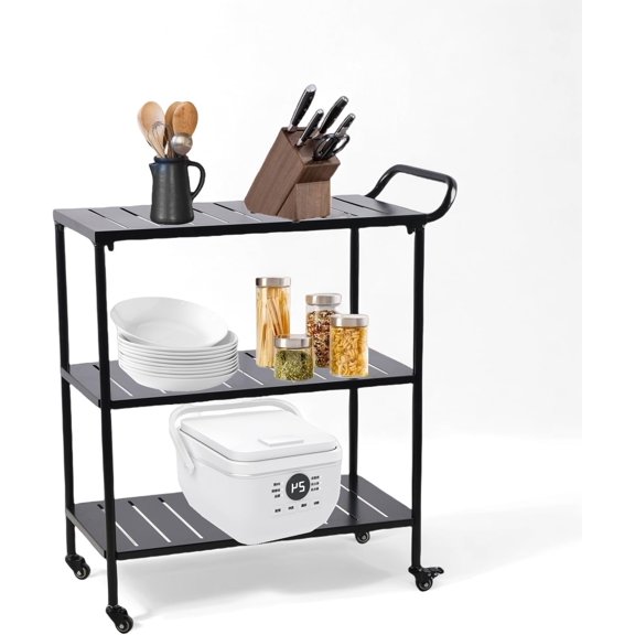 Modern Kitchen Bar Cart on Wheels Metal Rolling Serving Carts with 3 Tier for Storage Mobile Kitchen Island with Lockable Casters and Side Handle for Outdoor& Indoor -33.5 * 15.7 * 37.2inch(L*W*H)