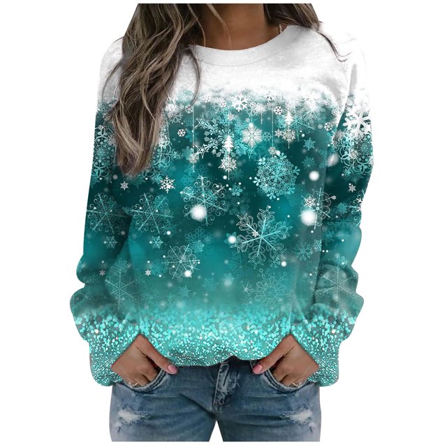 IROINID Liquidation Chandail à Capuchon de Noël pour Femmes Imprimé Col Rond Chandail Manches Longues Blouse Confortable Chandail en Molleton, Vert