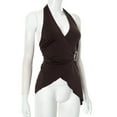 thumbnail image 6 of Mawalde Halter Tops for Women V Neck Tie Halter Backless Top Sleeveless Wrap Top Ruffle Asymmetrical Halter Tops Brown M, 6 of 8