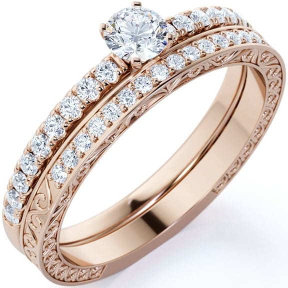 JeenMata .83 ct - Round Moissanite - Pave - Victorian - Dainty - Engagement Ring - Vintage Wedding Ring Set - 18K Rose Gold over Silver