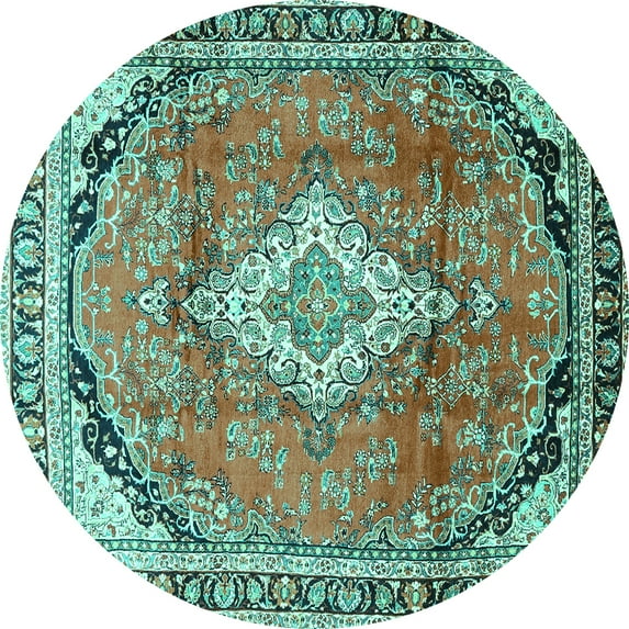 Ahgly Company Machine Washable Indoor Round Medallion Turquoise Blue Traditional Area Rugs, 4' Round