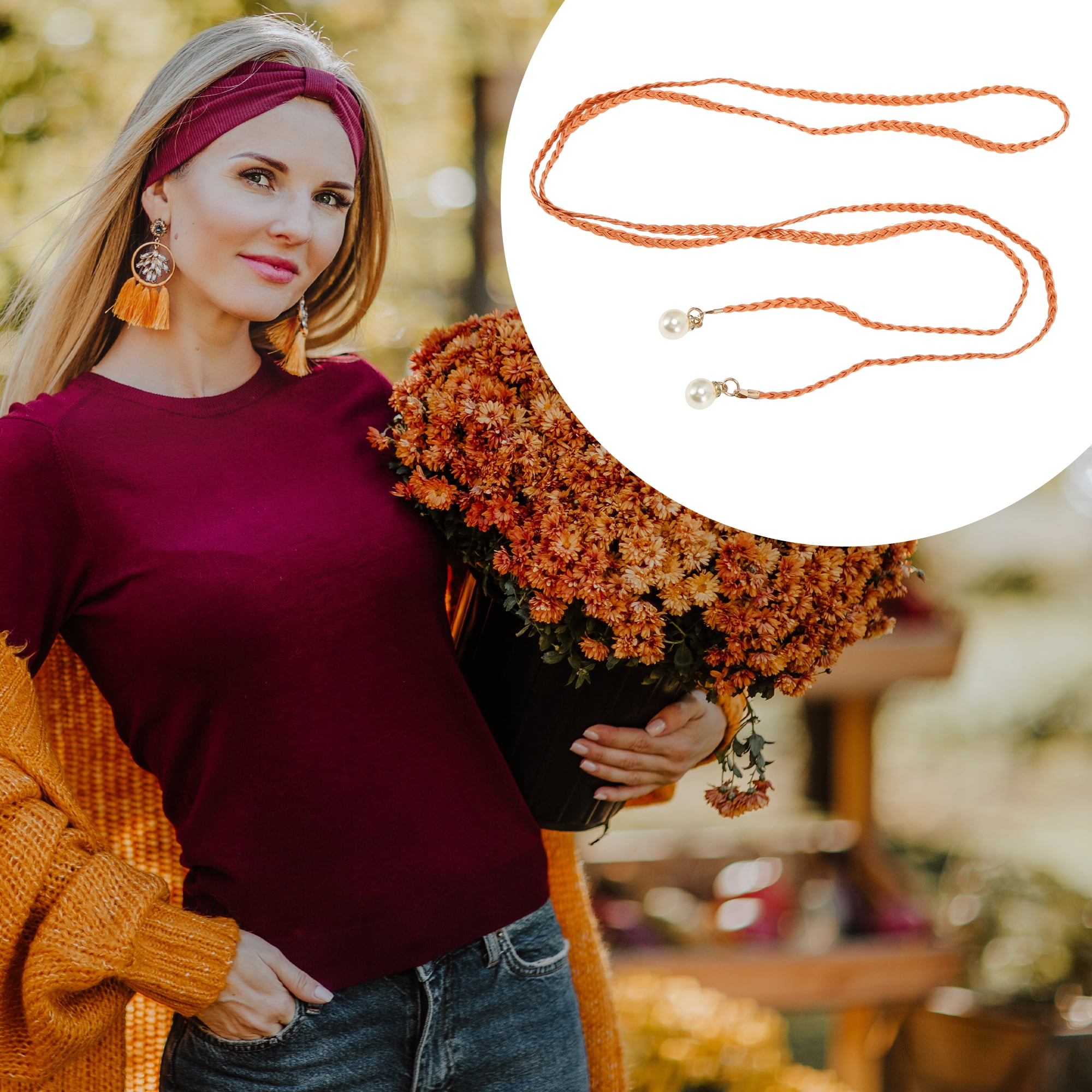 Unique Bargains Stylish Pearl Braiding Woven Rope Belt for Fashionable Outfits 1 Pc Orange
