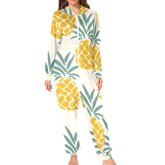 Cartoon Pineapples Adult's Hoodie Onesie Jumpsuit One-Piece Pajamas with Zipper Unisex for Holiday S