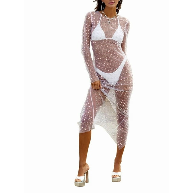 Robe de Plage en Maille Transparente avec Perles et Strass pour Femmes, Maillot de Bain Bikini, Blanc P