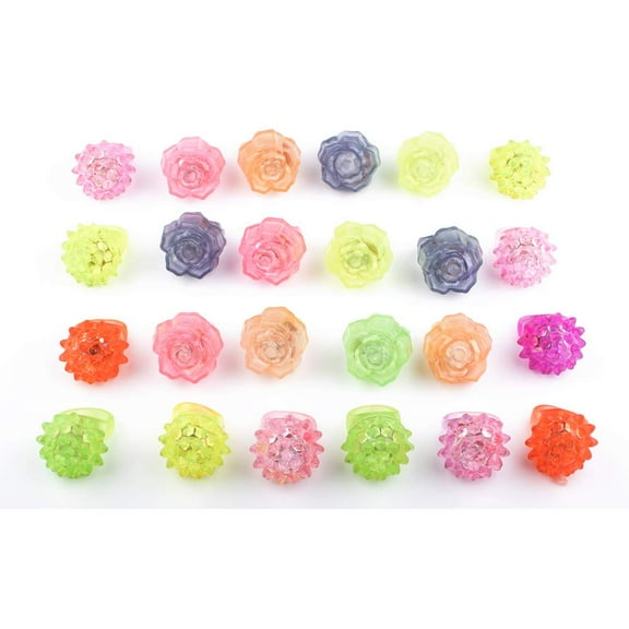 24Pcs Flashing LED Ring, 2 Styles Design-Strawberry and Rose Pattern, Bumpy Plastic Rings for Party Favors, Soft Jelly Finger Light up Toys, Random Color