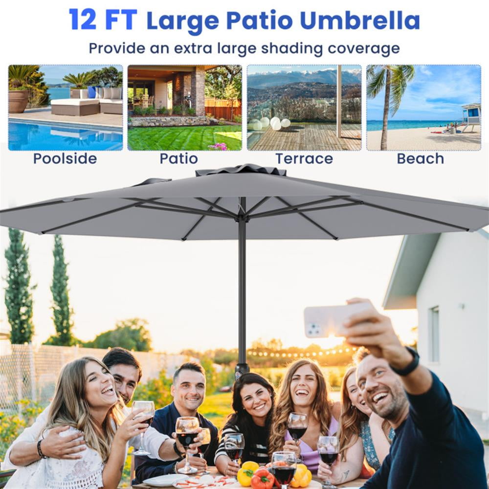 Resenkos Outdoor Garden Umbrella,Market Umbrella,12 Feet Patio Umbrella with Crank Handle and 8 Sturdy Ribs-Gray