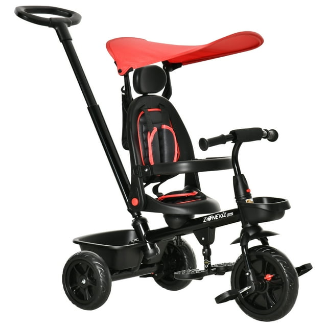 Qaba Tricycle pour Enfants 4 en 1 Tricycle avec Siège Réversible à Angle Ajustable Poignée Amovible Auvent Main Courante Ceinture Rangement Repose-Pieds Frein Embrayage pour 1-5 Ans Rouge