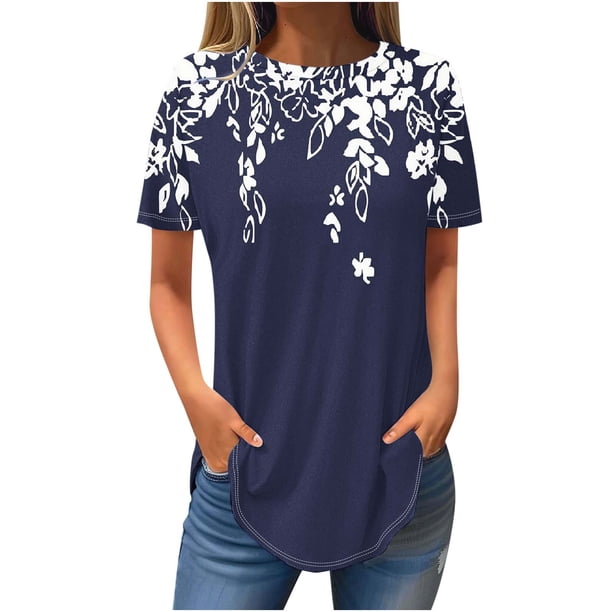 Blusas de Manga Corta para Mujeres Vendidas Cuello Redondo Casual, Top de Algodón de Imitación para el Hogar Y el Uso Diario