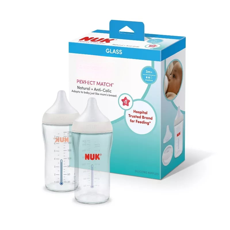Perfect Match Glass Baby Bottles, 8 fl oz, 2 Pack, Anti-Colic Infant Feeding Bottles with Soft Silicone Nipples, BPA-Free, SafeTemp Temperature Indicator, Natural Breast-Like Latch, Clear