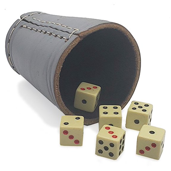 Genuine Leather Dice Cup Compact Handcrafted Soft Shell ... Plus (6) 15mm Dice Bone Tone with Pouch