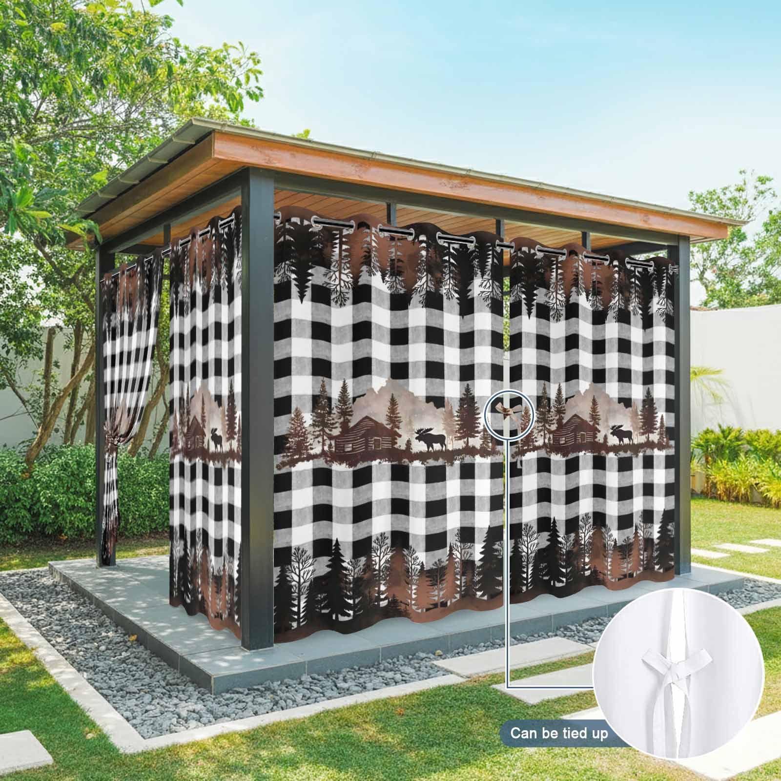 Forest Farmhouse Outdoor Curtains for Patio, Country Mountain Moose Silhouette Pine Tree Black White Plaid Sunshade Privacy Drapes Grommet Waterproof Outside Curtains for Porch 54"x108", 1 Panel