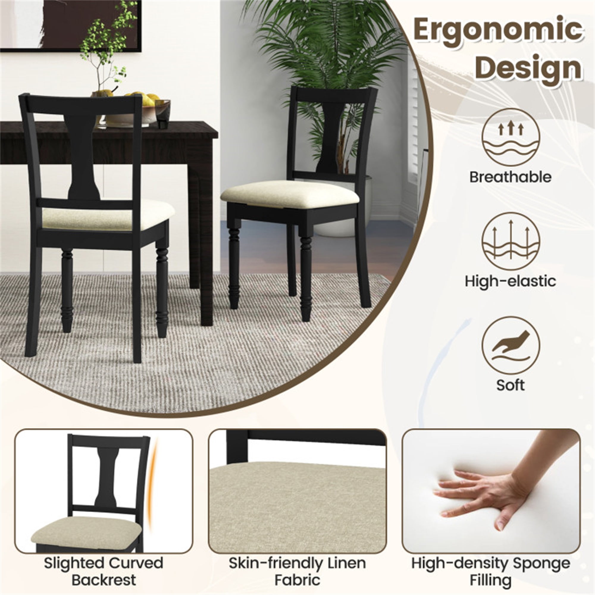 Demi Bonn Kitchen Dining Chair with Linen Fabric Padded and Storage Space, Black